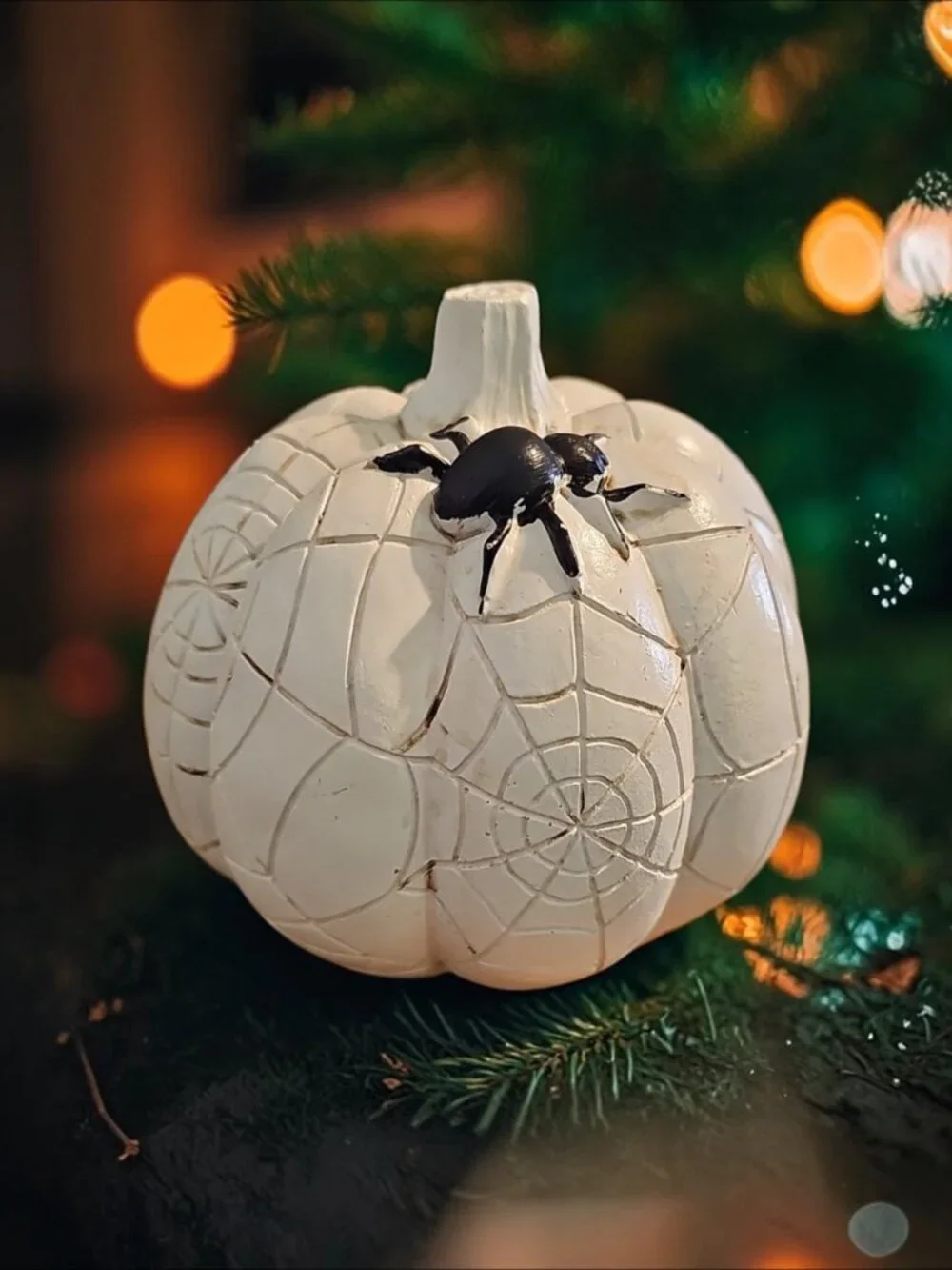 Spooky Pumpkin Décor – White Pumpkin with Spider & Web Carvings – Halloween